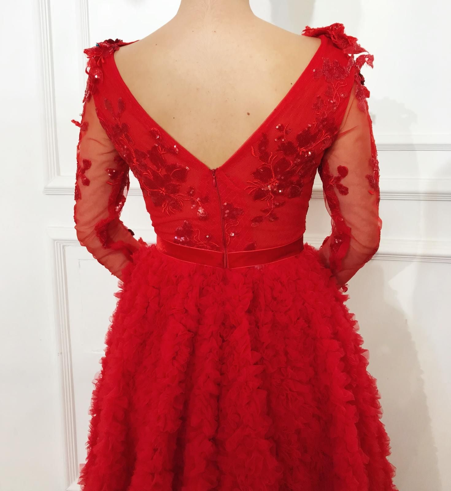 Red A-Line dress with long sleeves, v-neck and embroidery