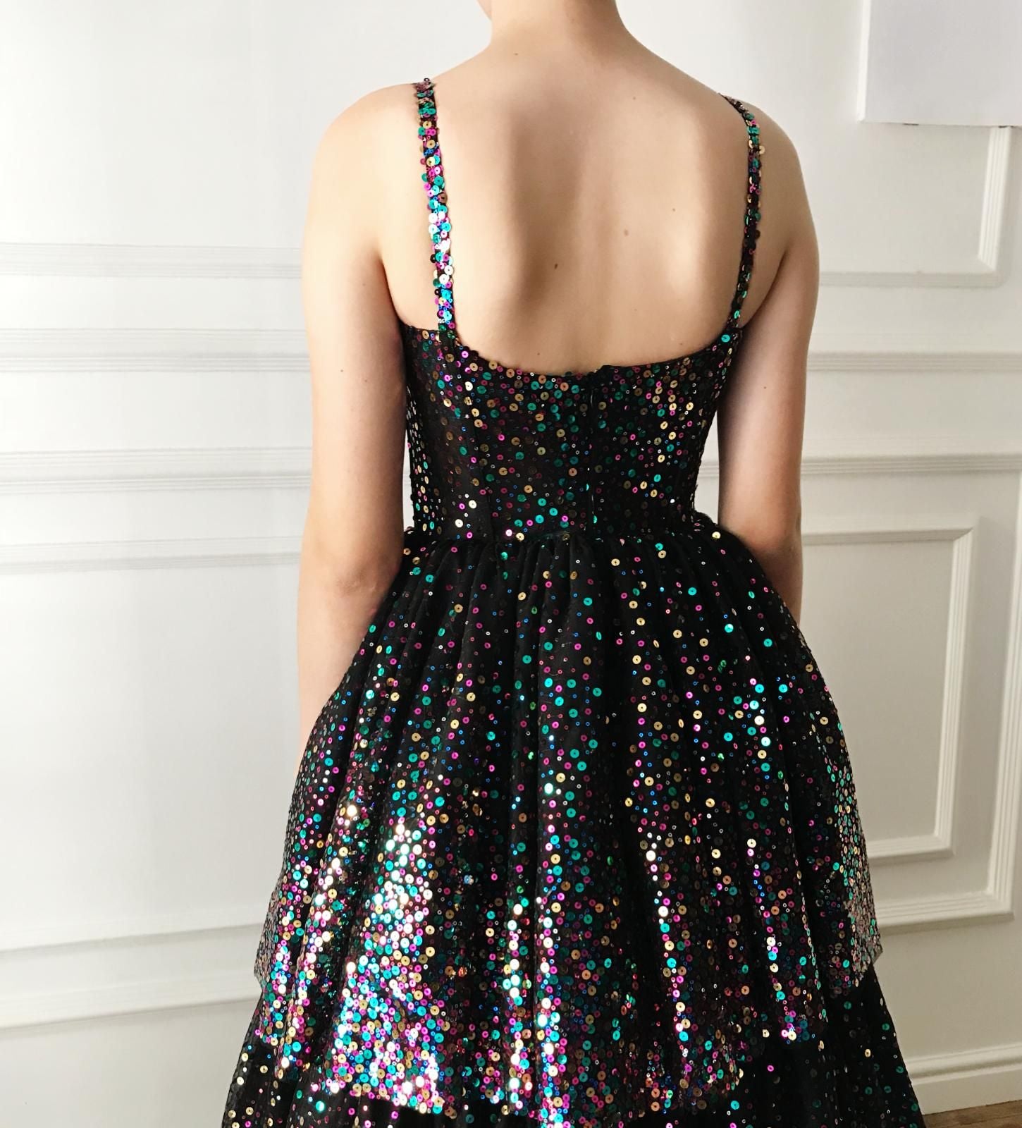 Black A-Line dress with spaghetti straps and sequins