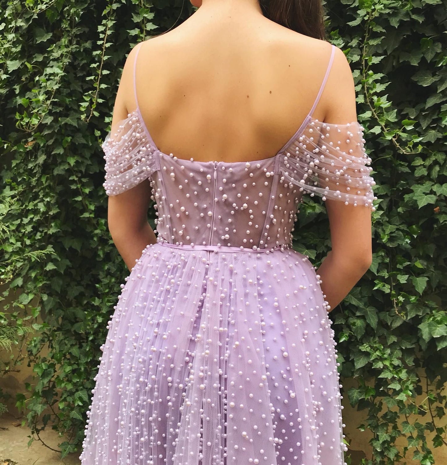 Purple A-Line dress with off the shoulder sleeves, spaghetti straps and beading