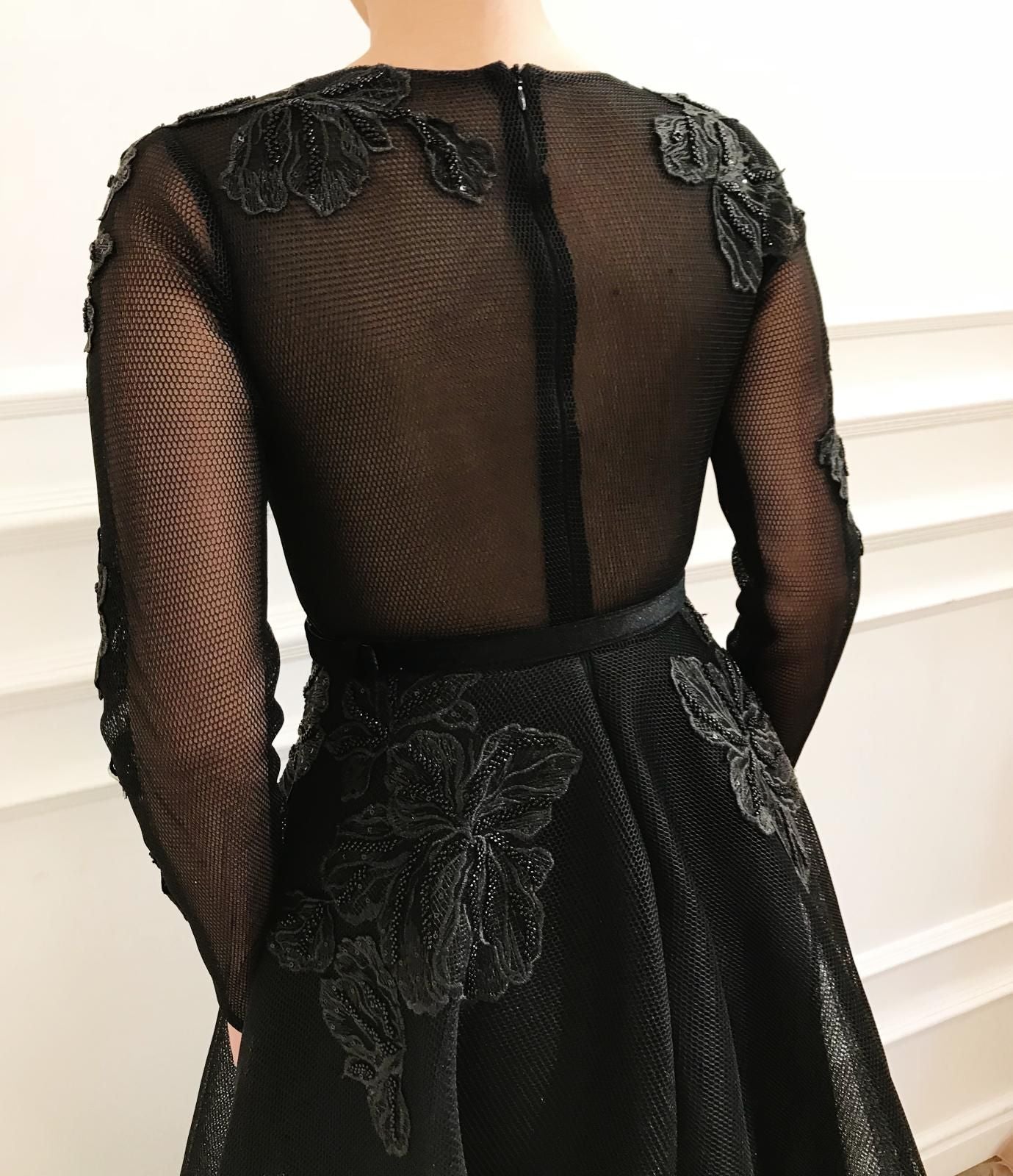 Black A-Line dress with belt, long sleeves and lace