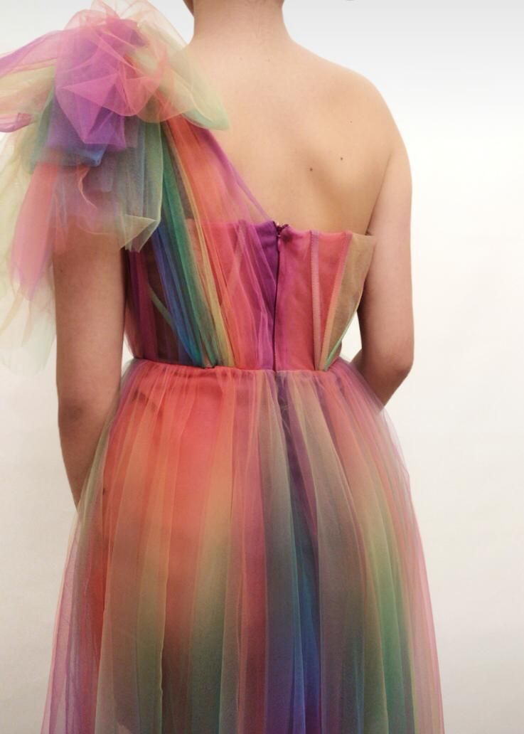 Colorful A-Line dress with one shoulder sleeve
