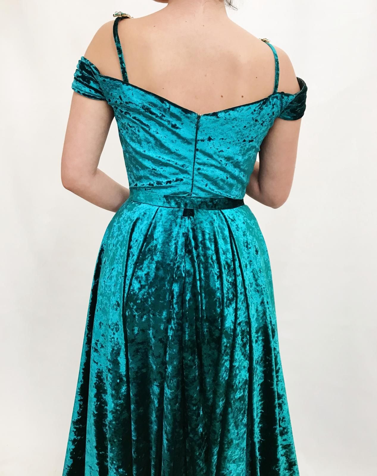 Green A-Line dress with spaghetti straps, off the shoulder sleeves and embroidery