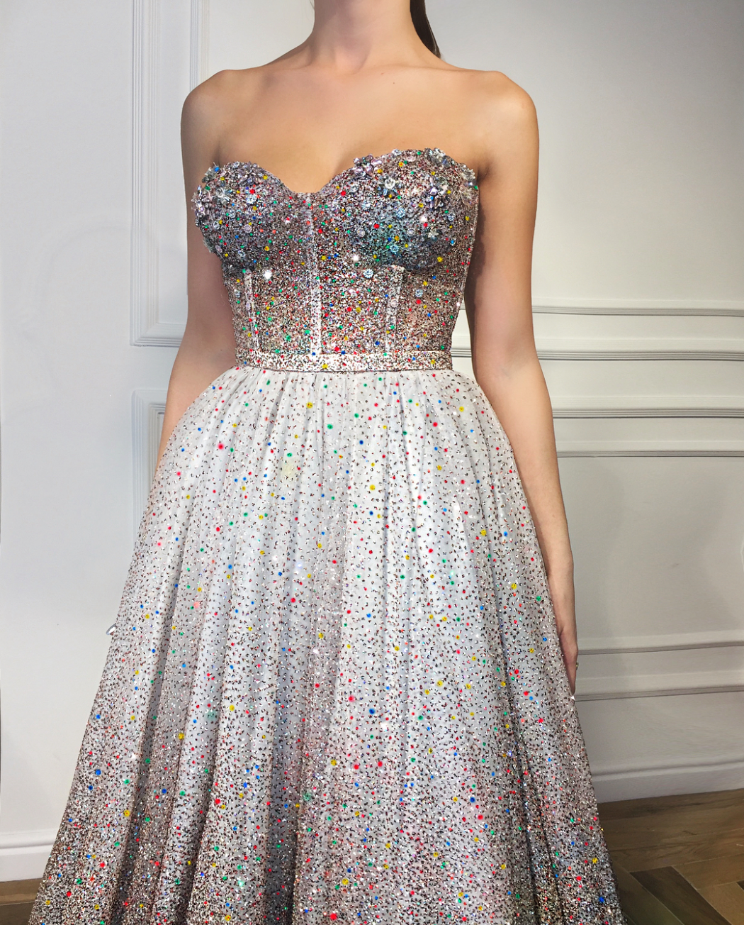 White A-Line dress with no sleeves, embroidery and sequins