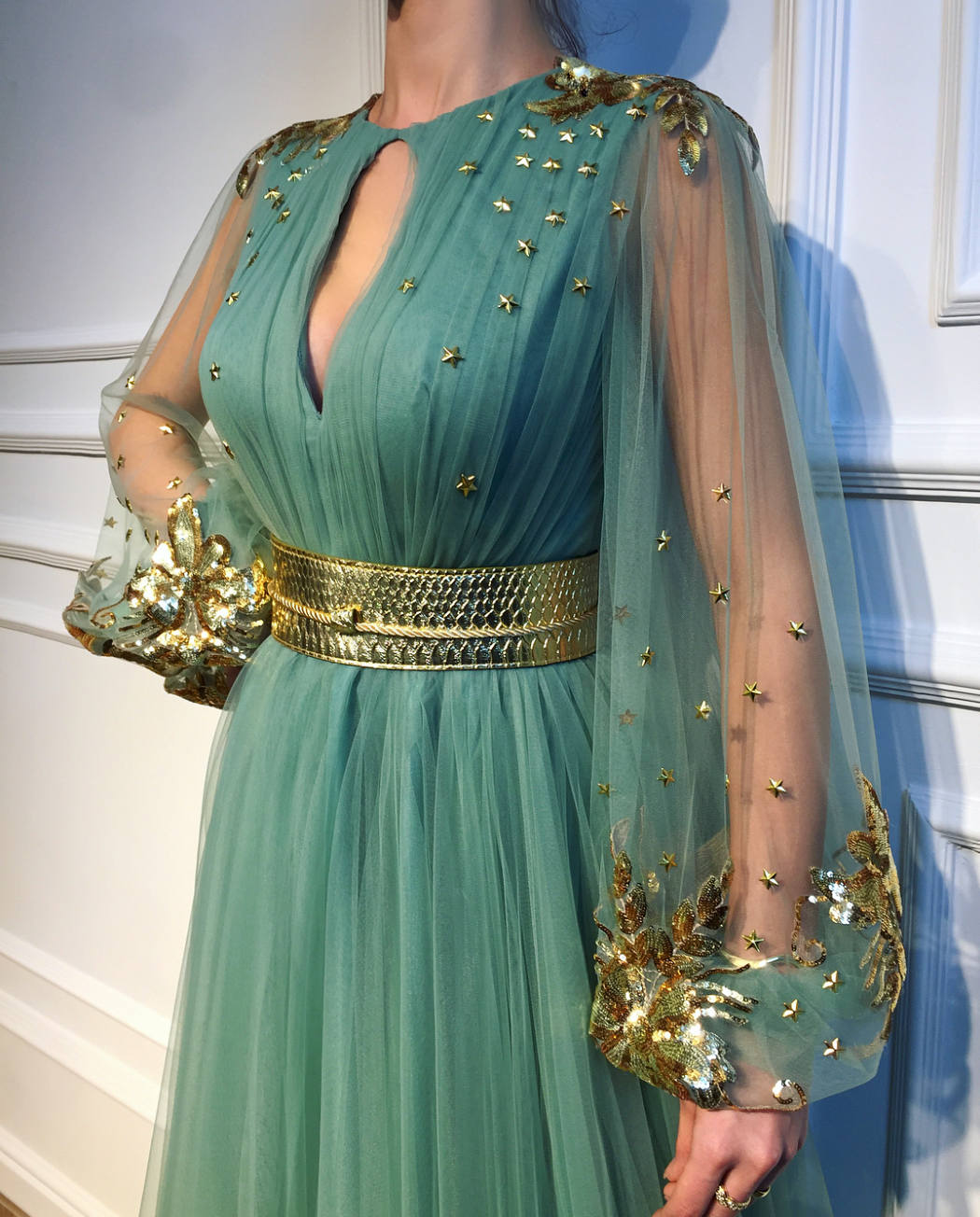 Green A-Line dress with long sleeves, embroidery and belt