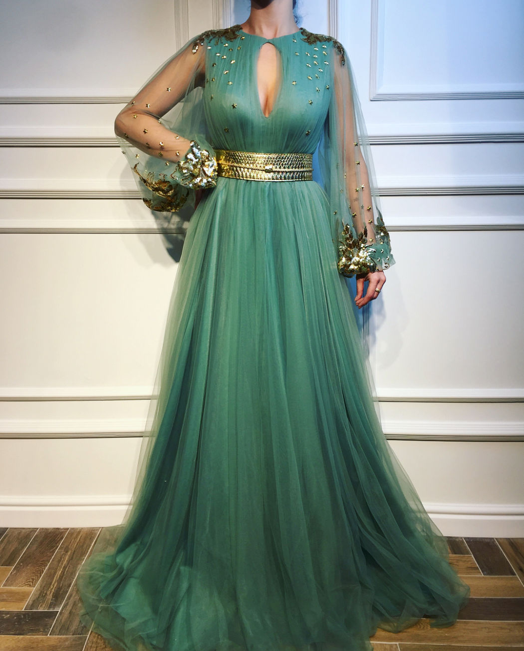 Green A-Line dress with long sleeves, embroidery and belt
