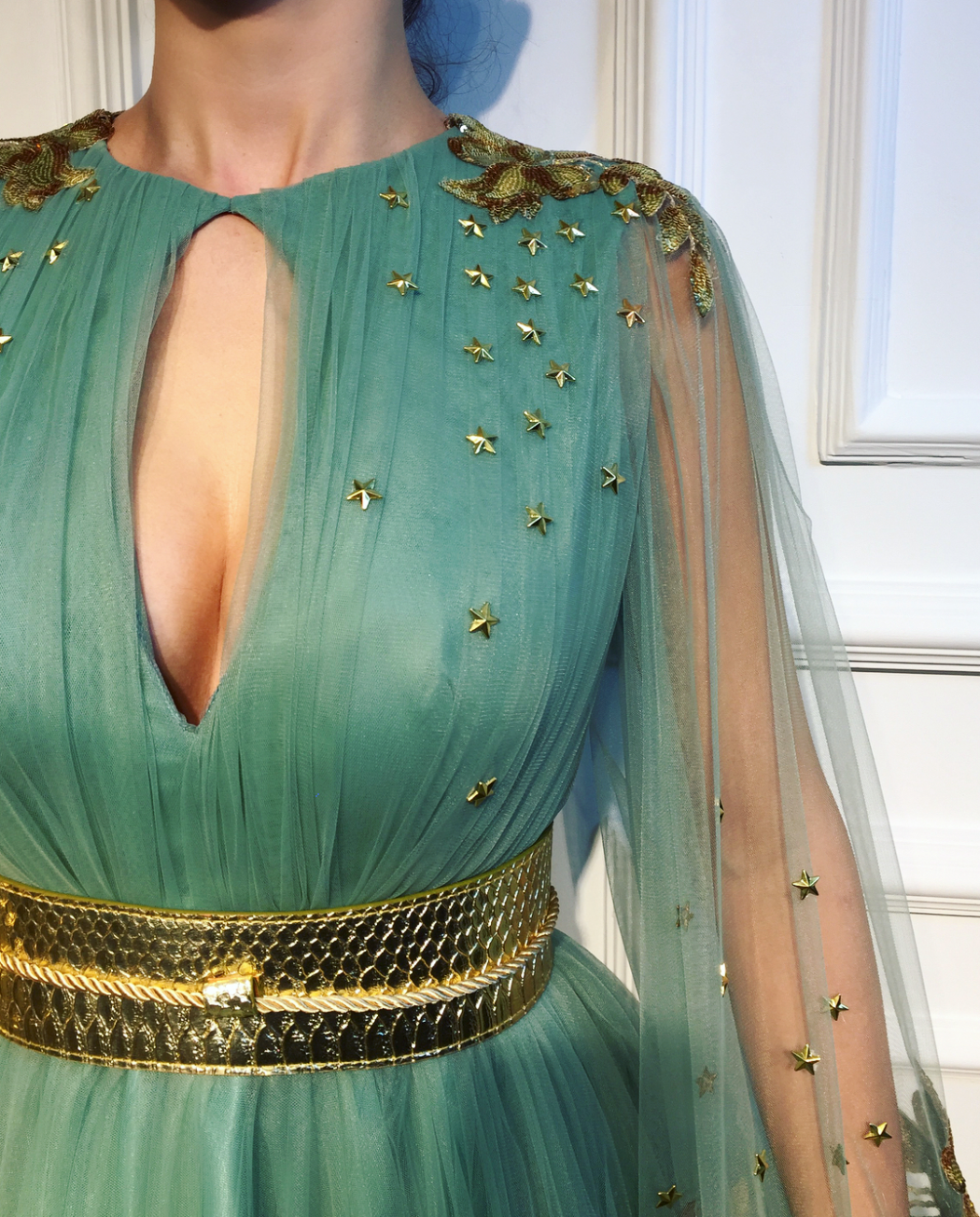 Green A-Line dress with long sleeves, embroidery and belt