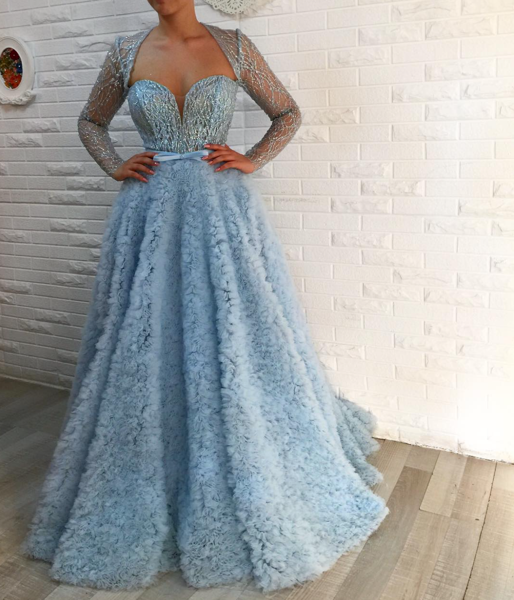 Blue A-Line dress with long sleeves