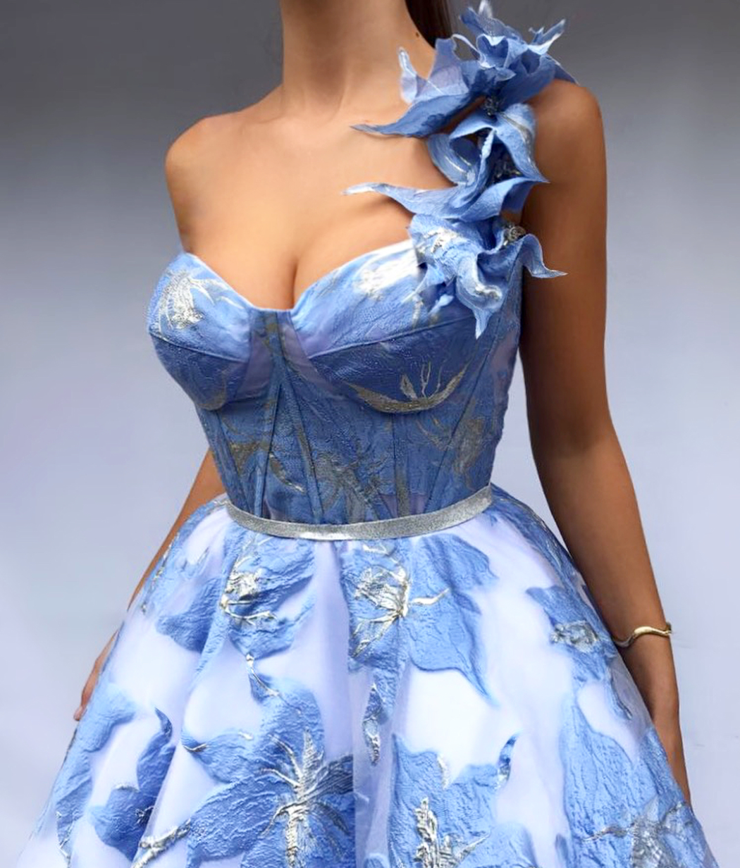 Blue A-Line dress with one strap, embroidery and printed flowers