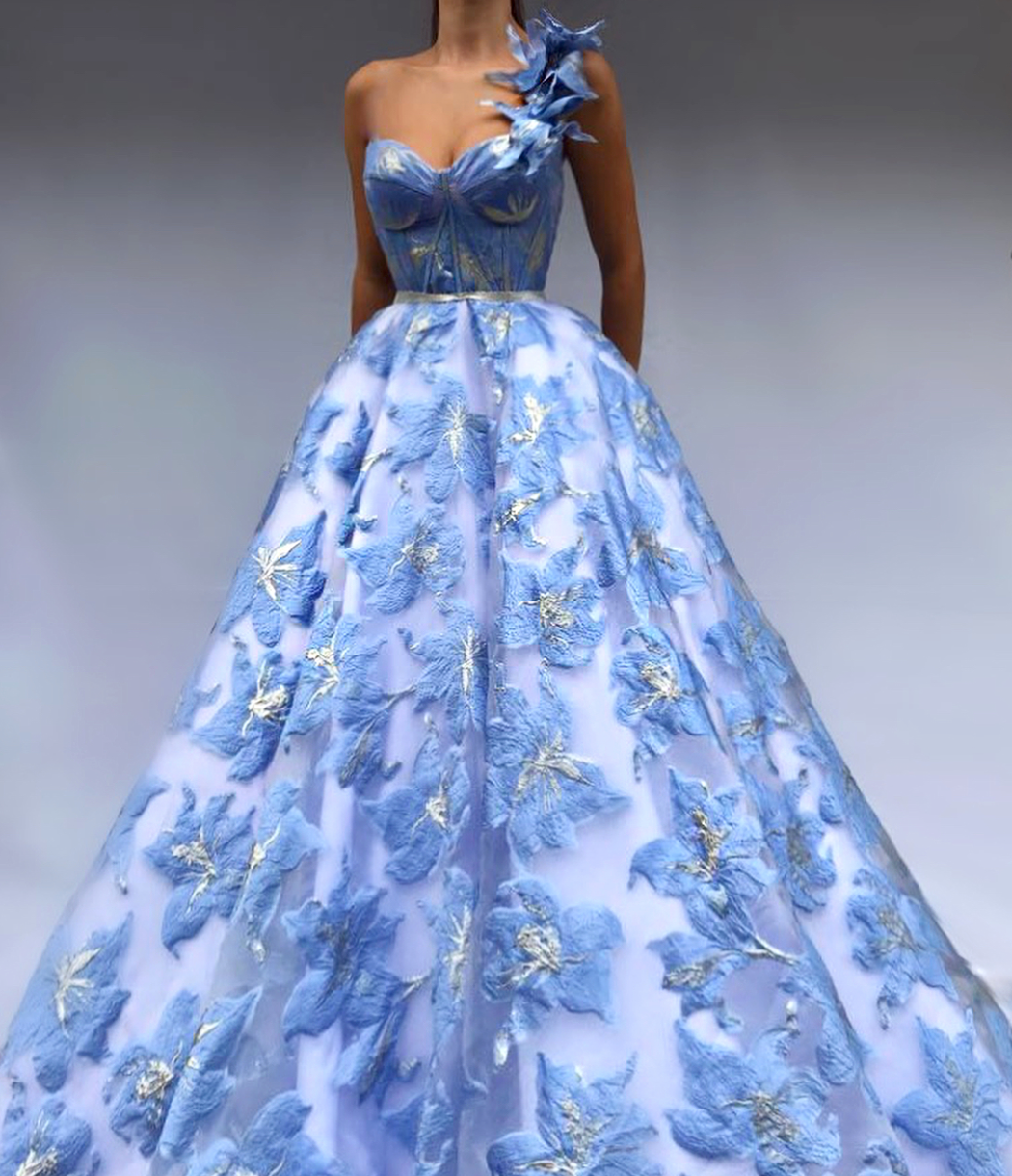 Blue A-Line dress with one strap, embroidery and printed flowers