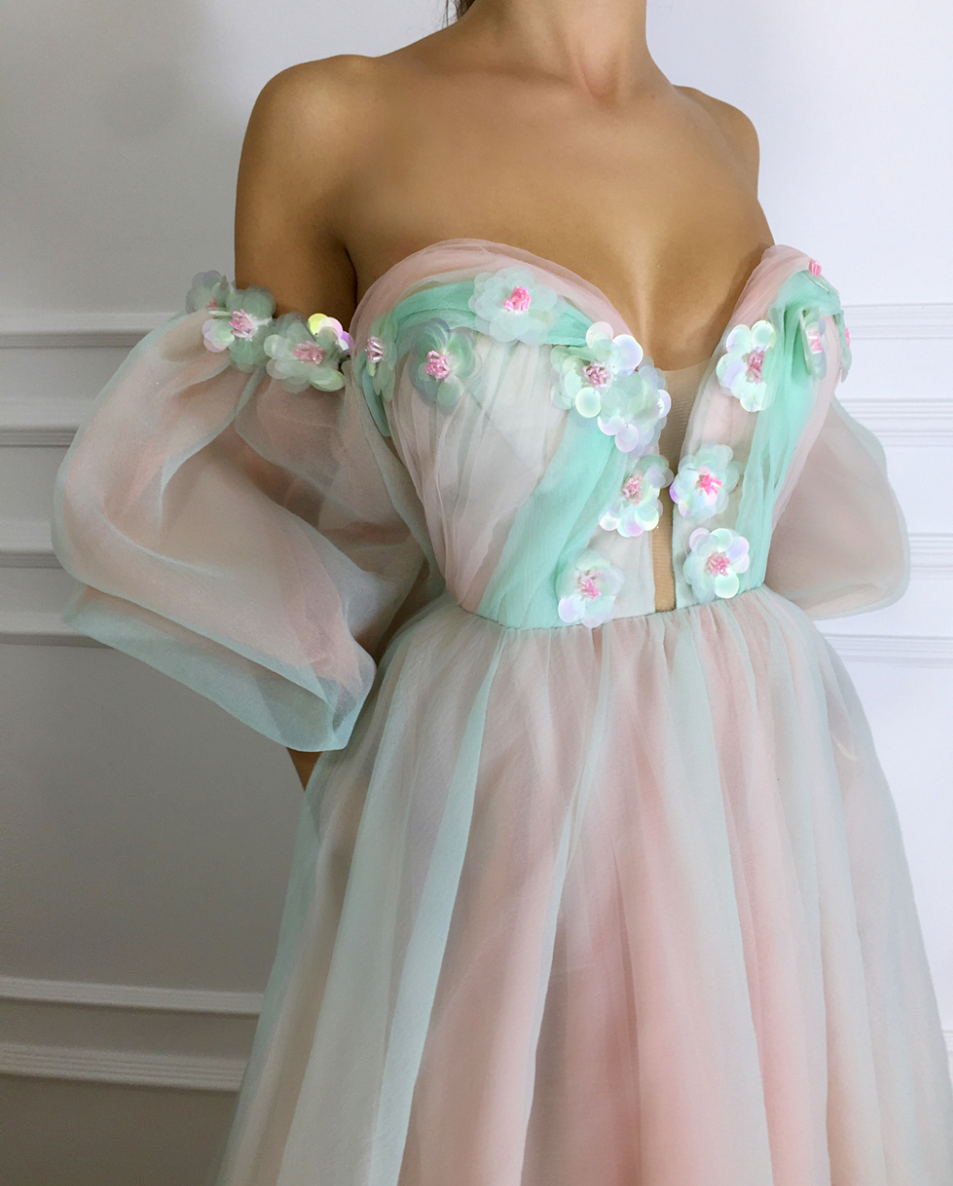 Pink A-Line dress with short off the shoulder sleeves and embroidery