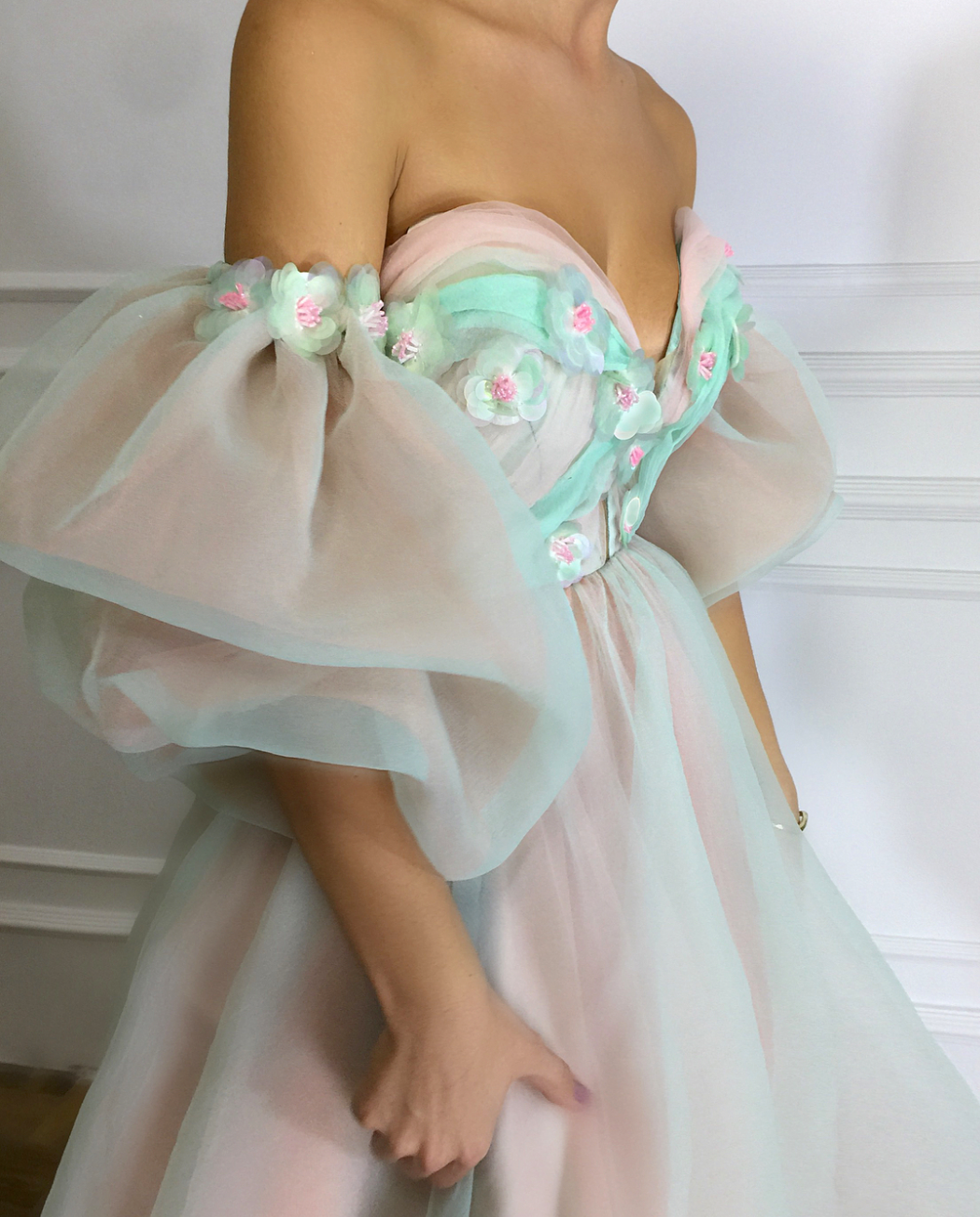 Pink A-Line dress with short off the shoulder sleeves and embroidery