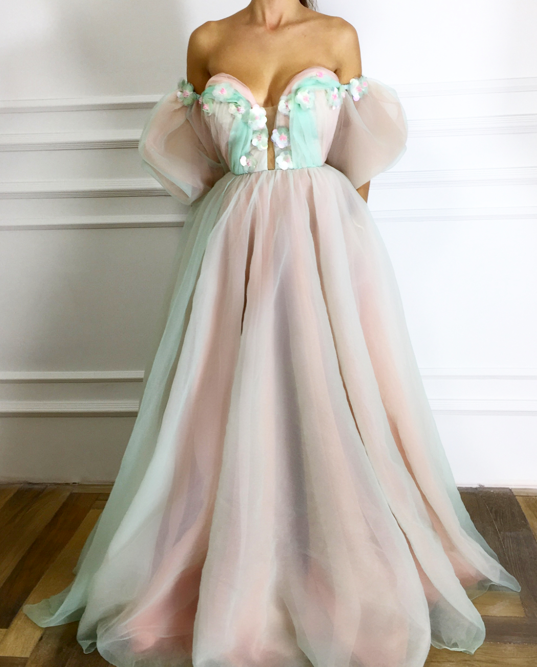 Pink A-Line dress with short off the shoulder sleeves and embroidery