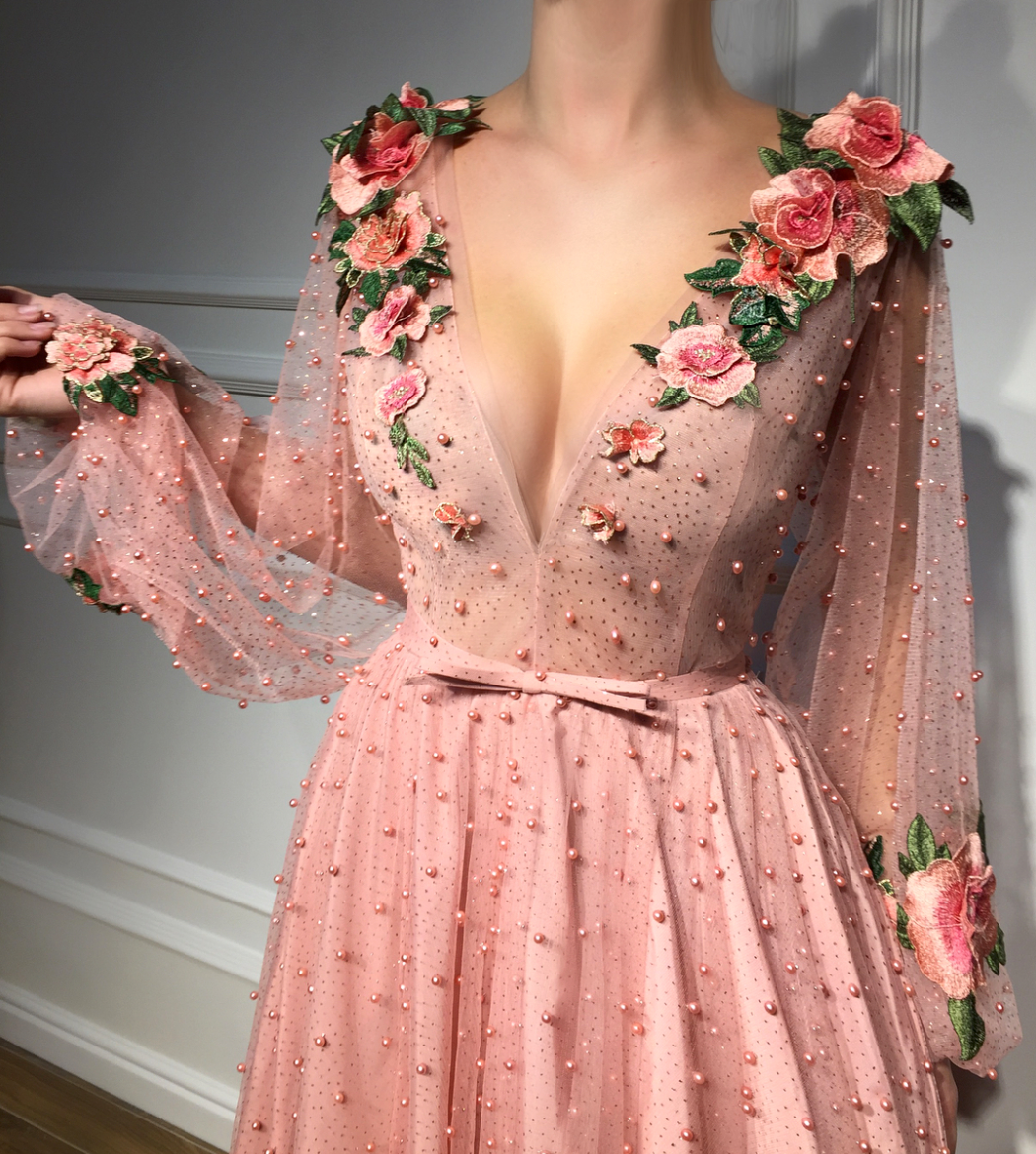 Pink A-Line dress with v-neck, beading, long sleeves and embroidery