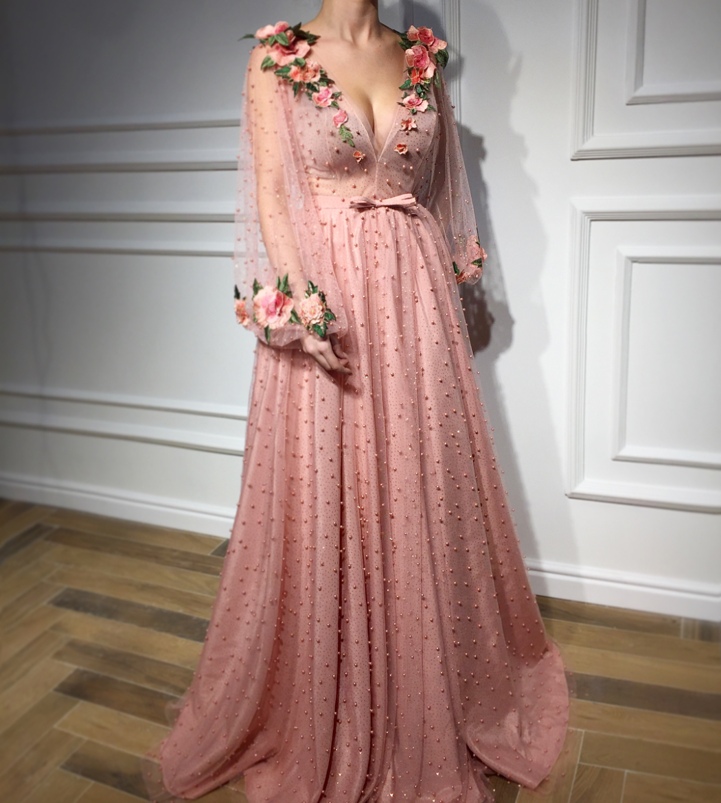 Pink A-Line dress with v-neck, beading, long sleeves and embroidery