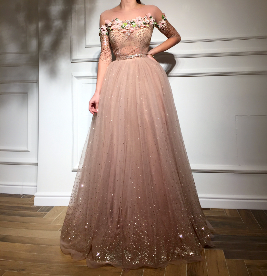 Pink A-Line dress with off the shoulder sleeves and embroidery