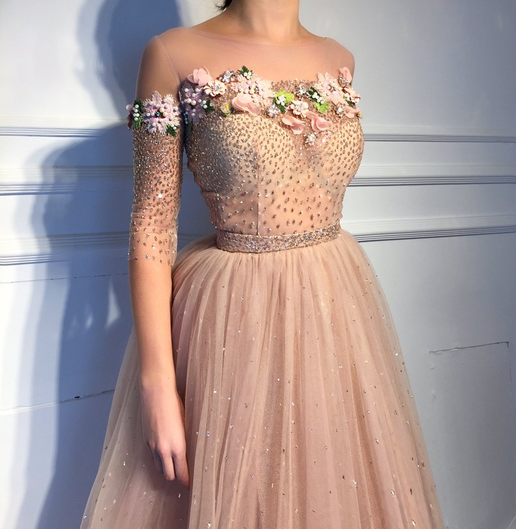 Pink A-Line dress with off the shoulder sleeves and embroidery