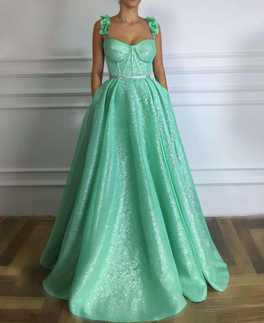 Green A-Line dress with spaghetti straps and embroidery