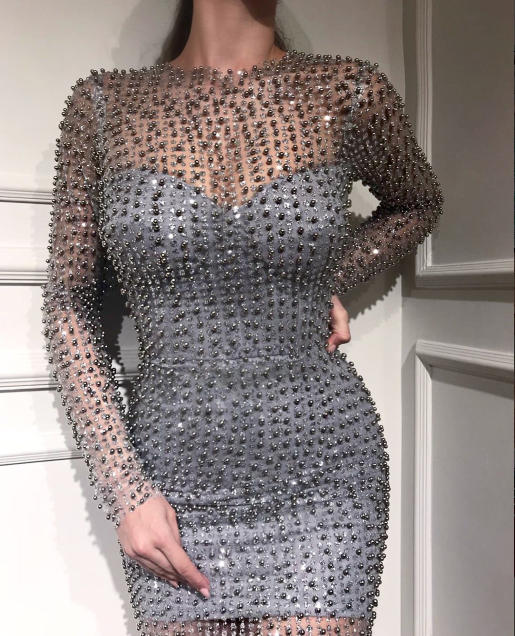 Grey mermaid dress with long sleeves and beading