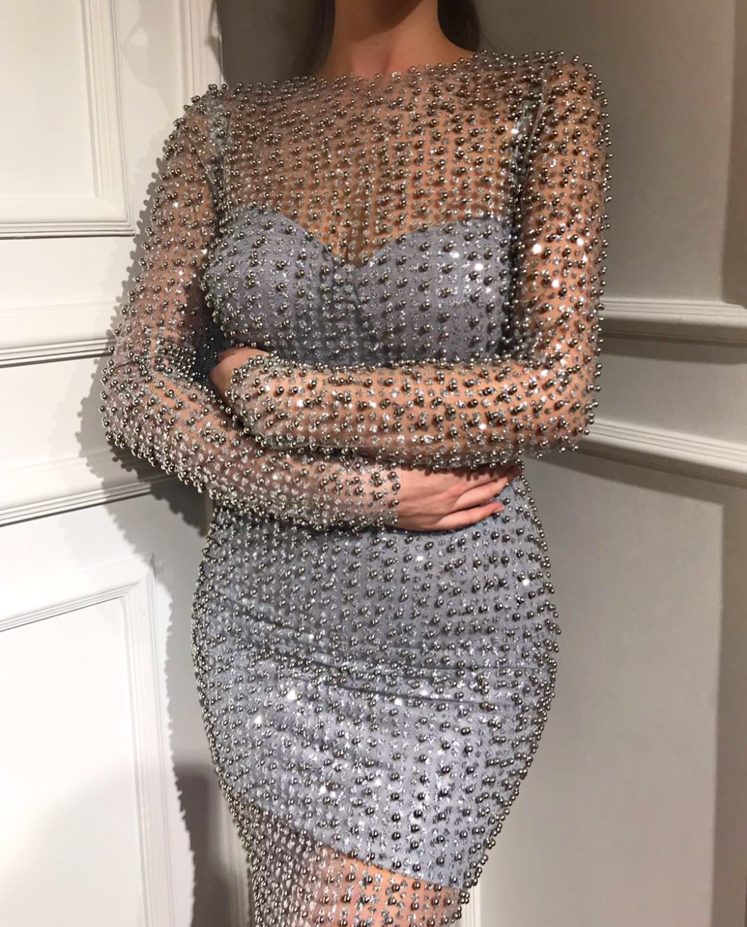 Grey mermaid dress with long sleeves and beading