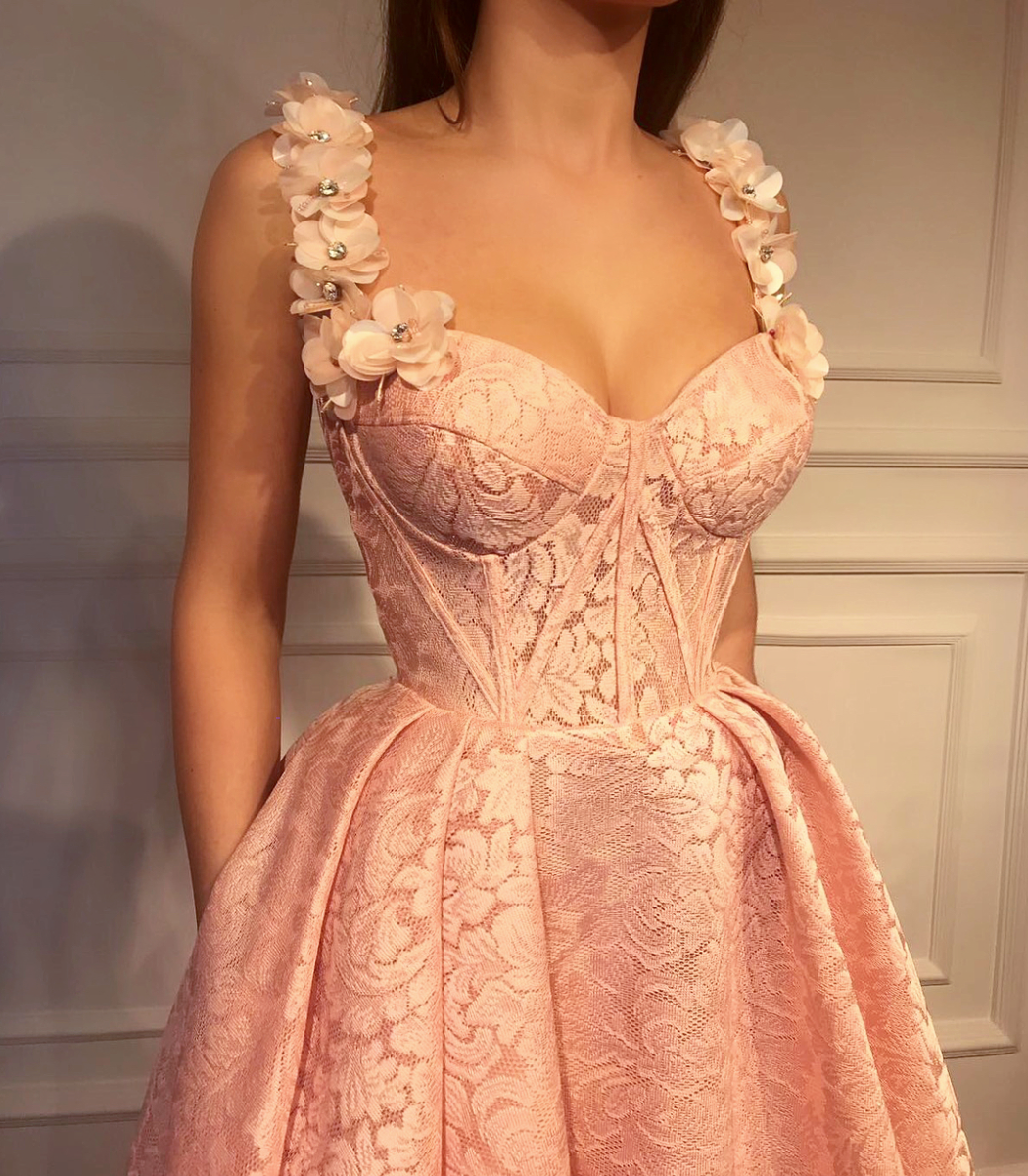 Pink A-Line dress with spaghetti straps and embroidery