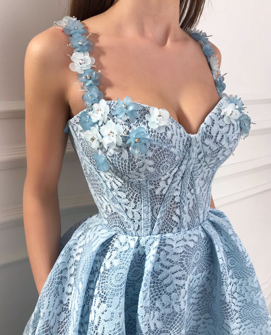 Blue A-Line dress with straps and embroidery