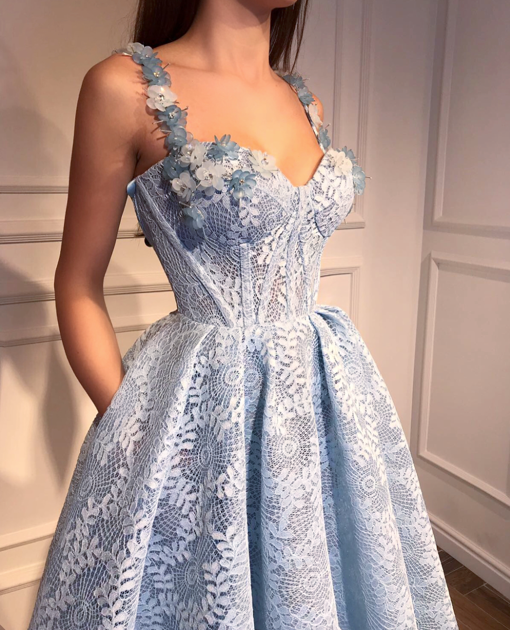 Blue A-Line dress with straps and embroidery