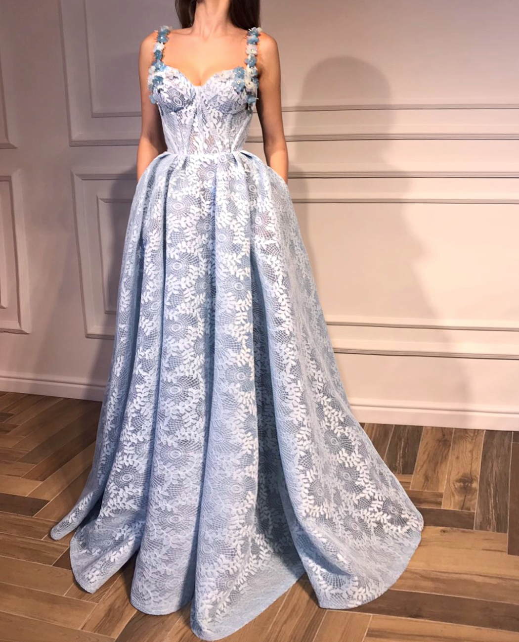 Blue A-Line dress with straps and embroidery