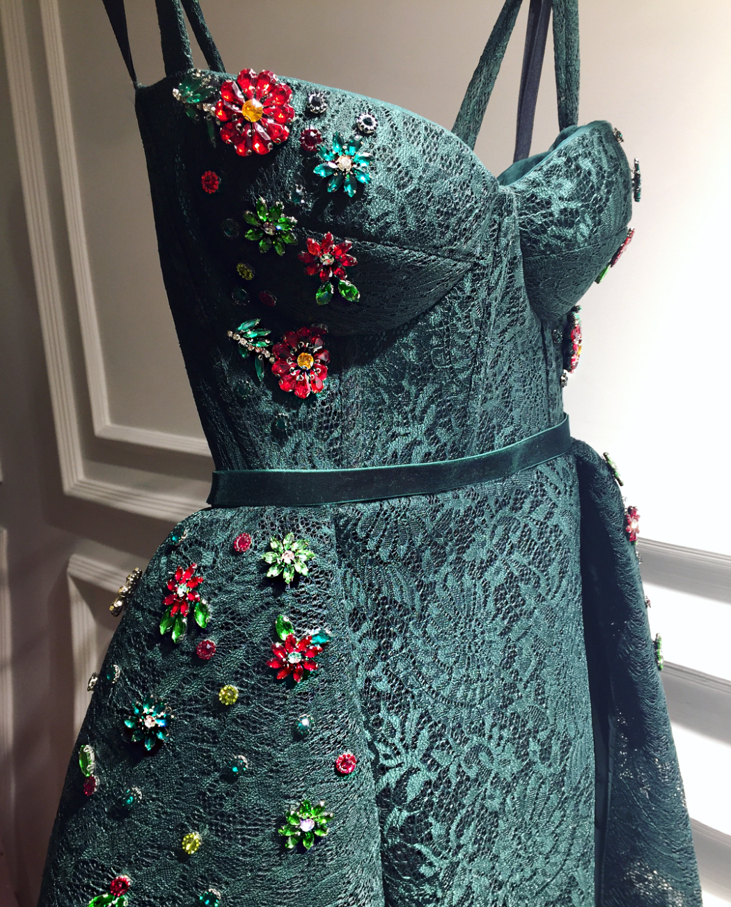 Green overskirt dress with embroidery and straps
