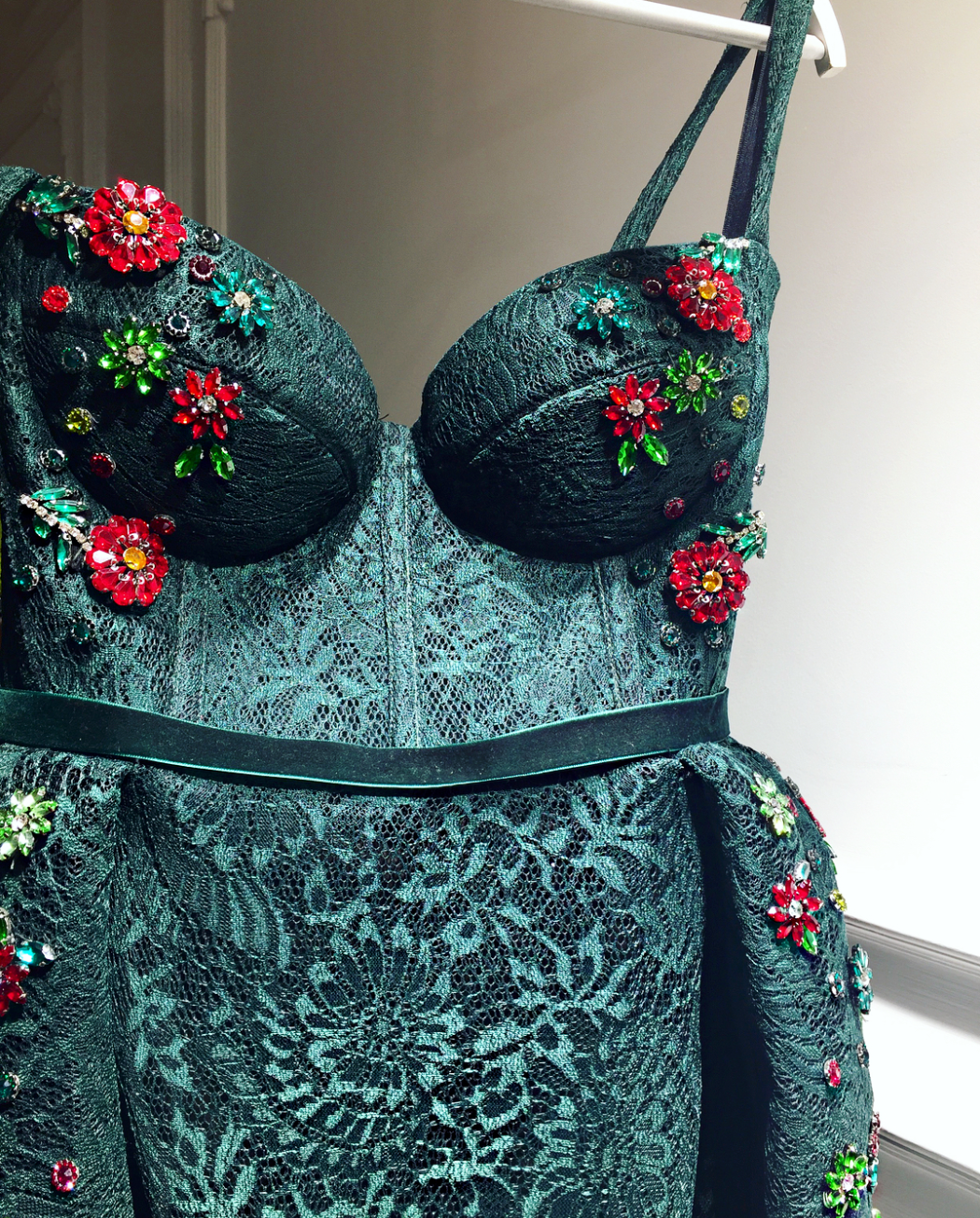 Green overskirt dress with embroidery and straps