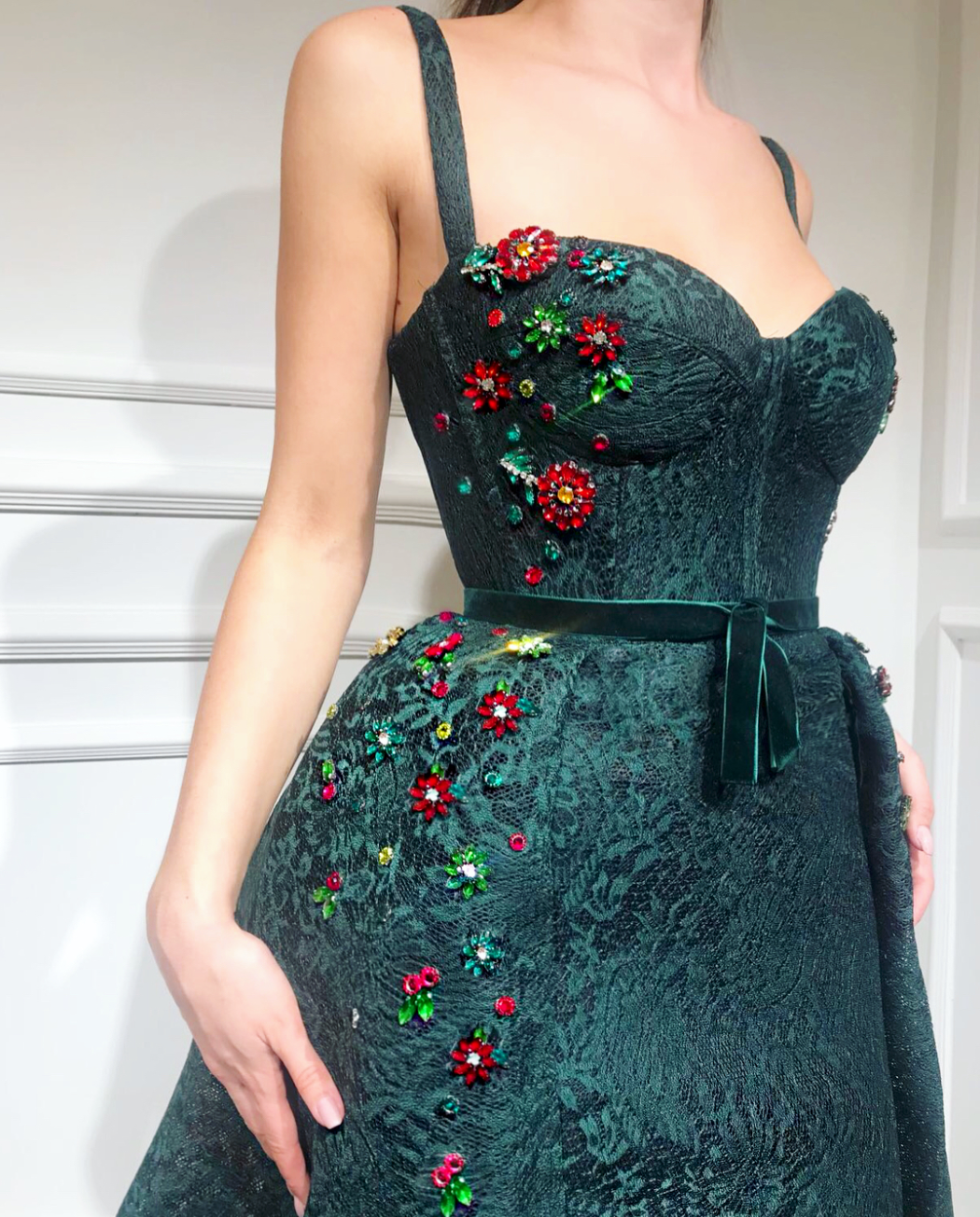 Green overskirt dress with embroidery and straps