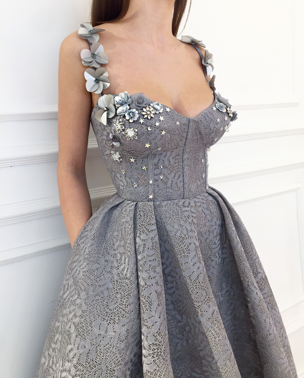Grey A-Line dress with spaghetti straps and embroidery