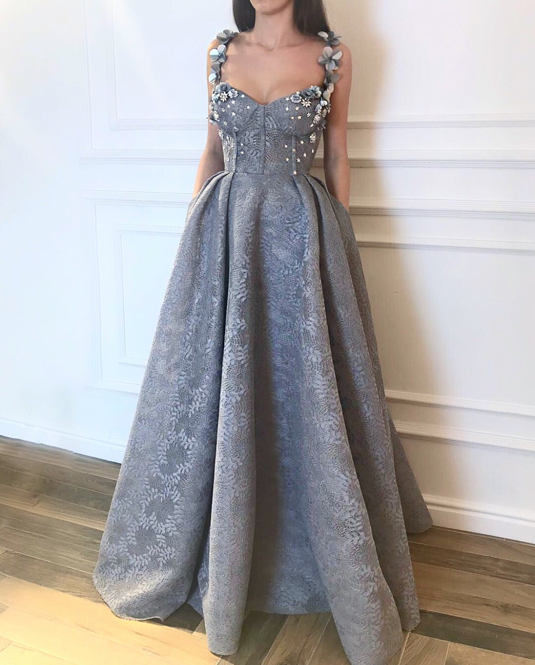 Grey A-Line dress with spaghetti straps and embroidery