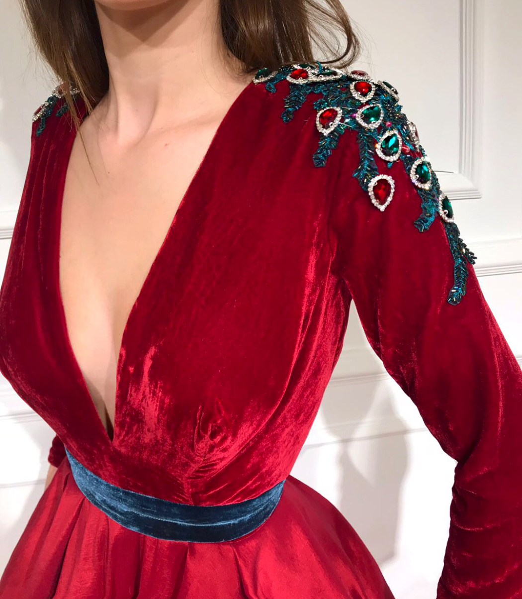 Red A-Line dress with v-neck, long sleeves and embroidery