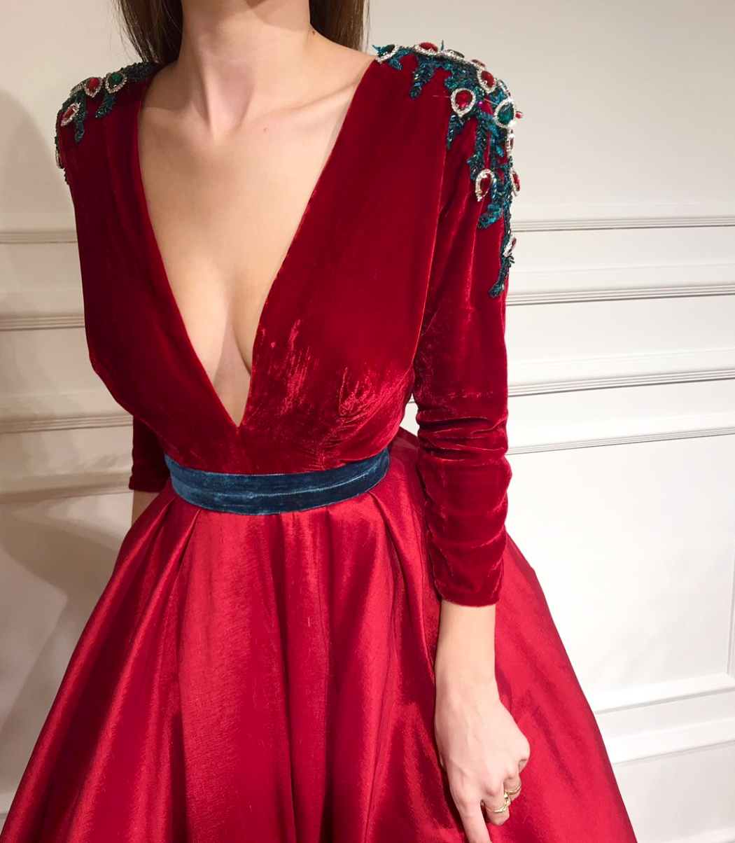 Red A-Line dress with v-neck, long sleeves and embroidery