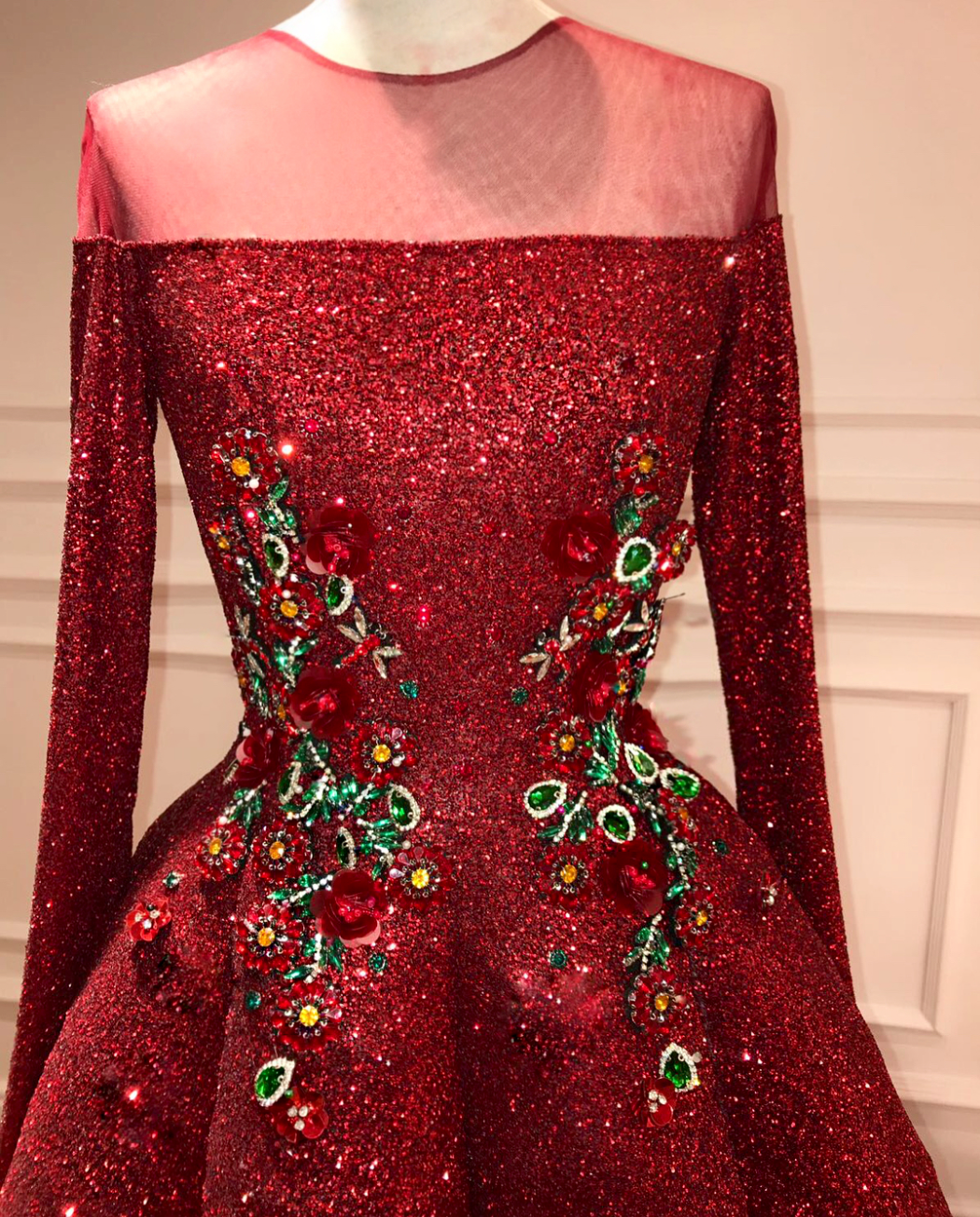 Red A-Line dress with sequins, long sleeves and embroidery