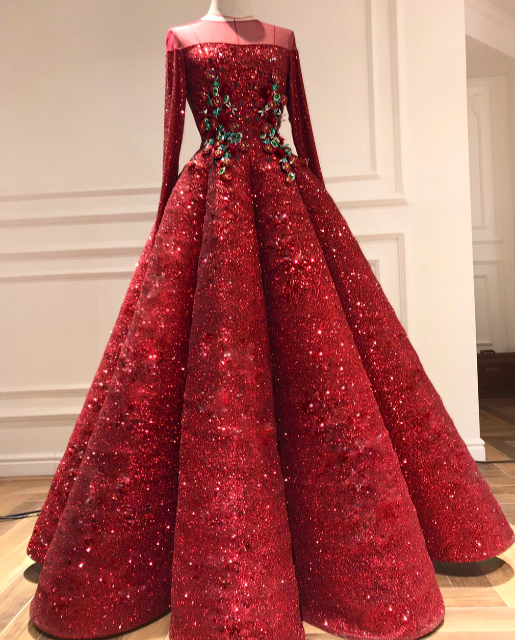 Red A-Line dress with sequins, long sleeves and embroidery