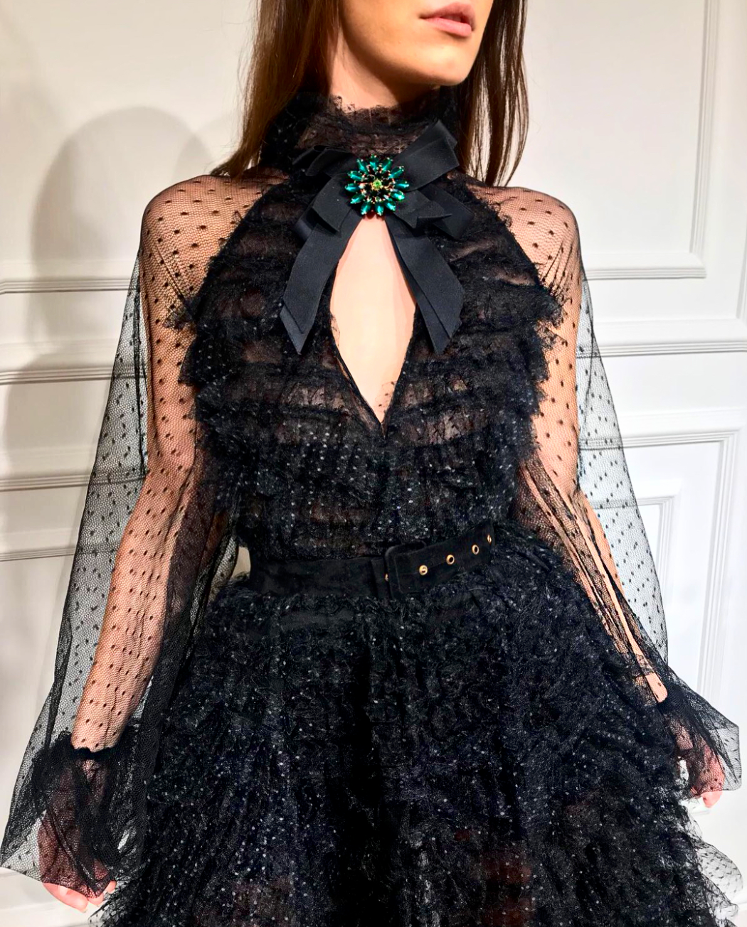 Black A-Line dress with long sleeves and embroidery