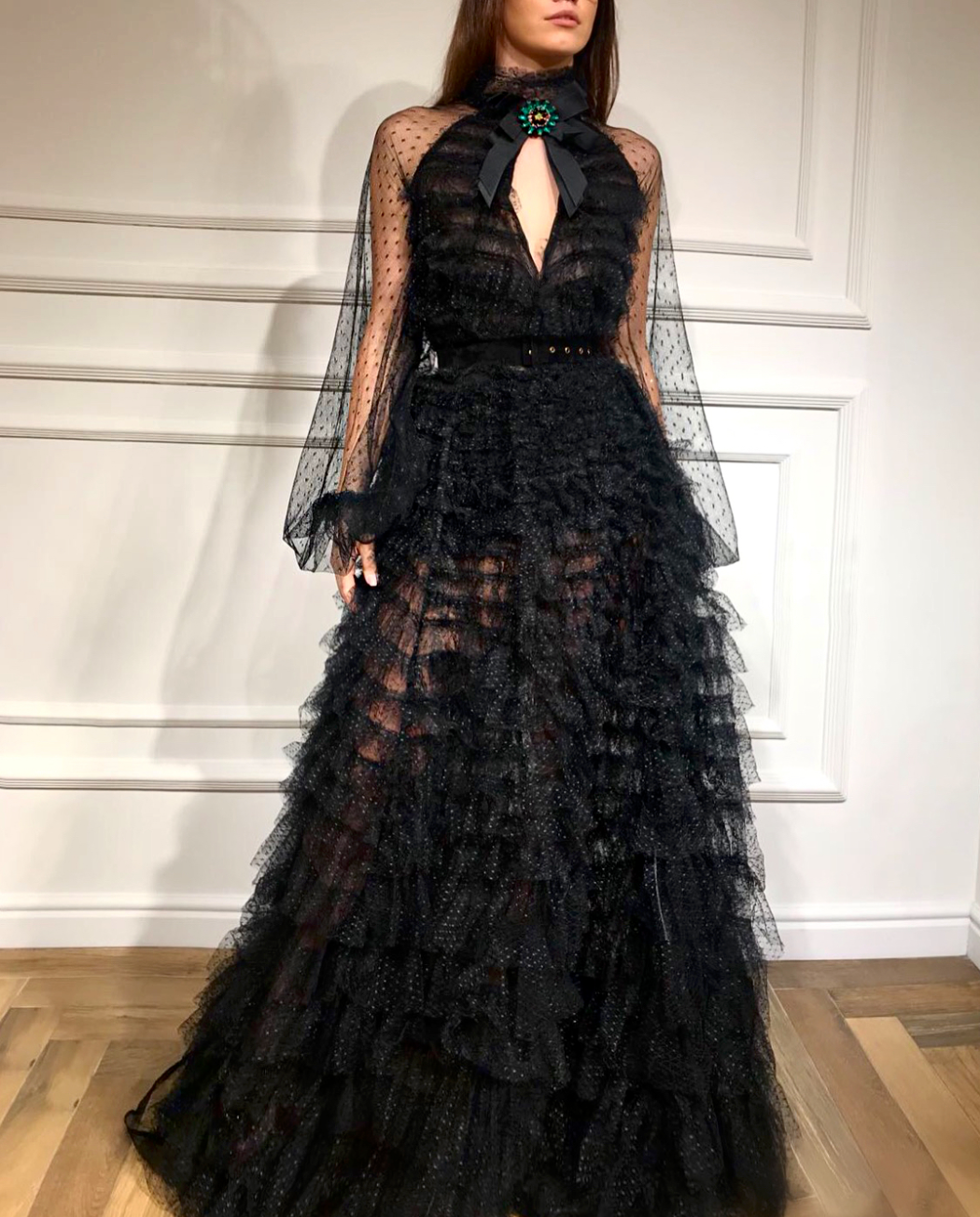 Black A-Line dress with long sleeves and embroidery