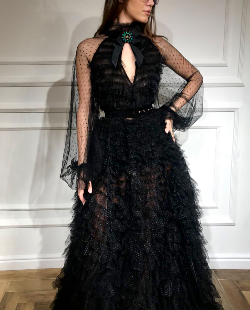 Black A-Line dress with long sleeves and embroidery