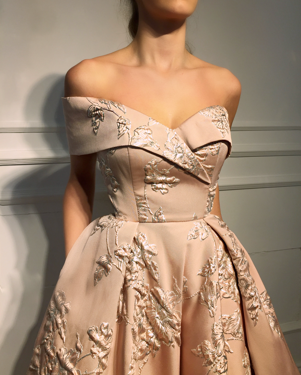 Pink A-Line dress with one off the shoulder sleeve