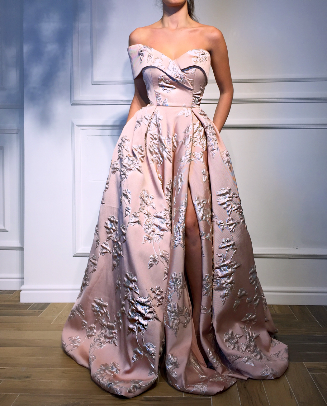 Pink A-Line dress with one off the shoulder sleeve