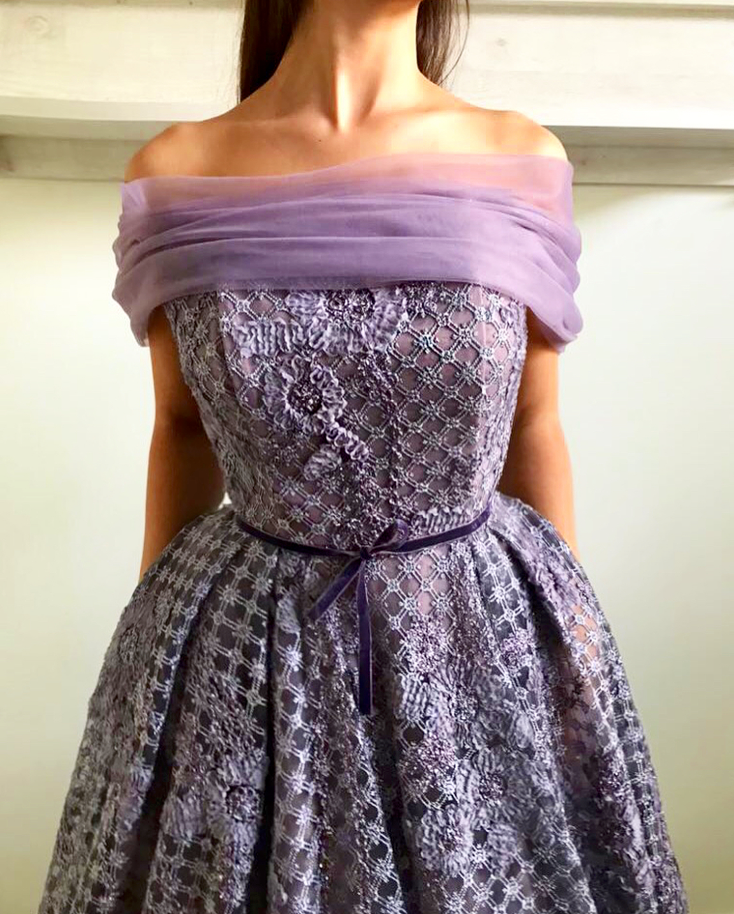 Purple A-Line dress with off the shoulder sleeves and embroidery