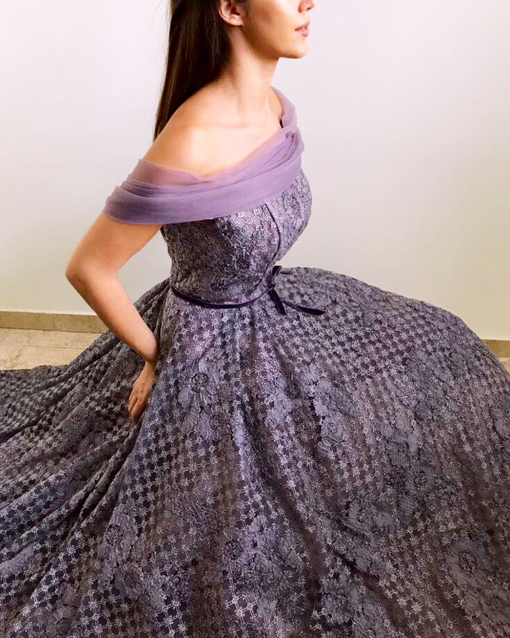 Purple A-Line dress with off the shoulder sleeves and embroidery