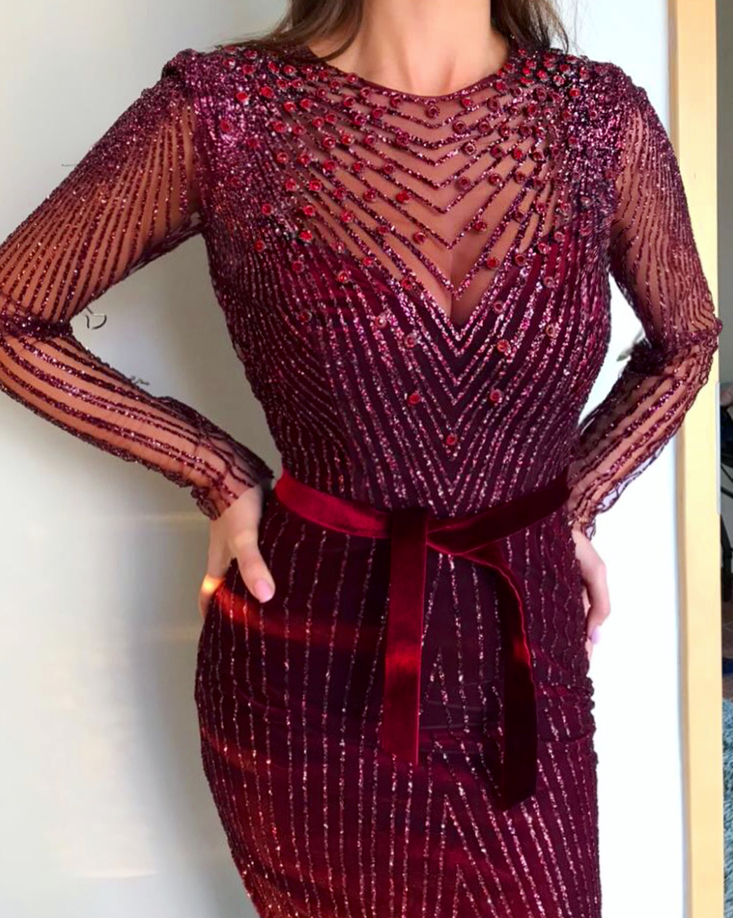 Red mermaid dress with long sleeves