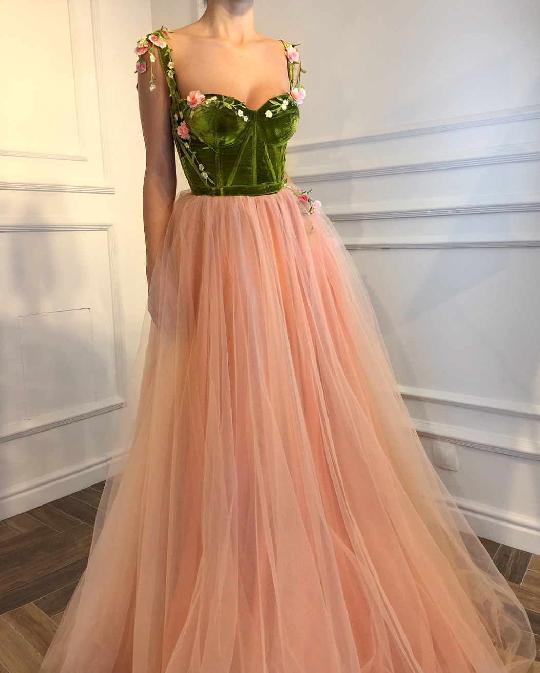 Pink and green A-Line dress with embroidery and straps