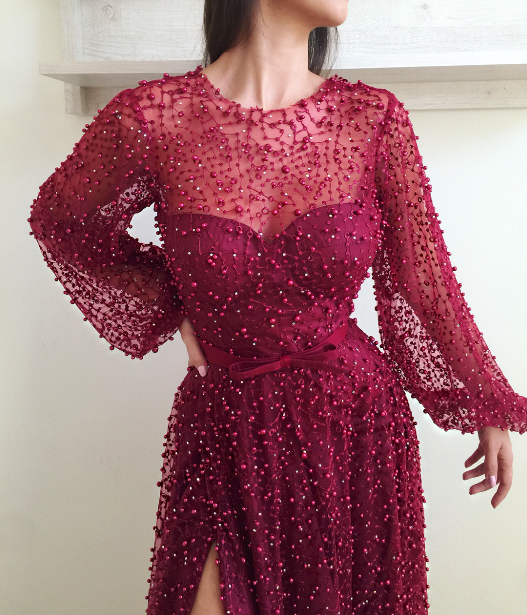 Red A-Line dress with long sleeves and beading