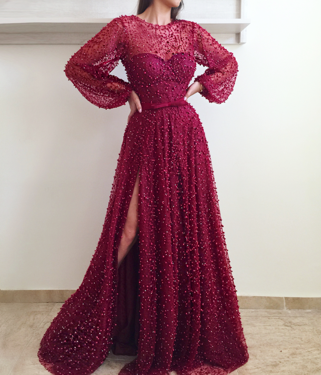 Red A-Line dress with long sleeves and beading