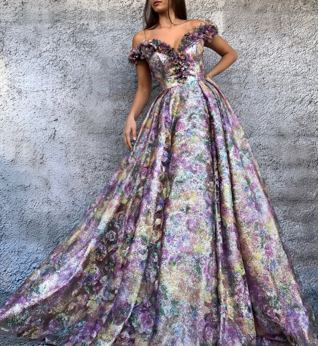 Purple A-Line dress with off the shoulder sleeves and embroidery
