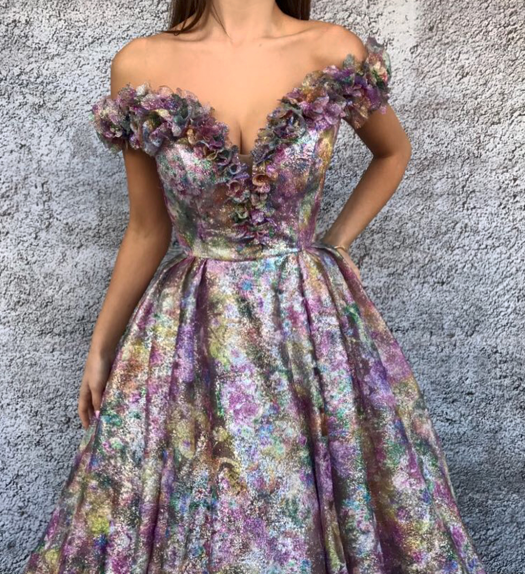 Purple A-Line dress with off the shoulder sleeves and embroidery