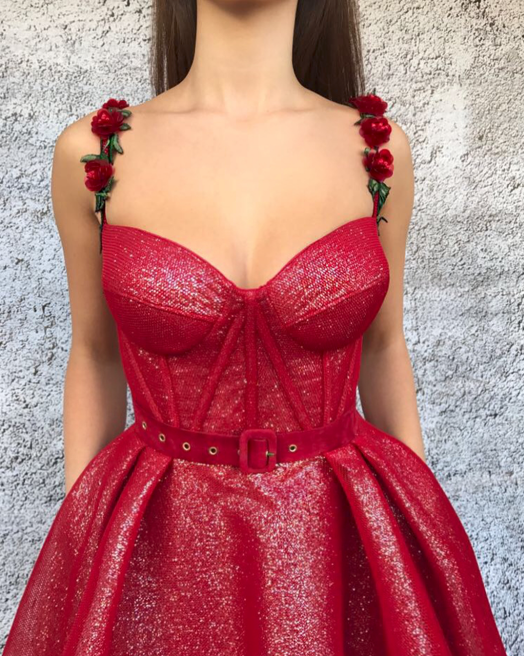 Red A-Line dress with spaghetti straps and embroidery